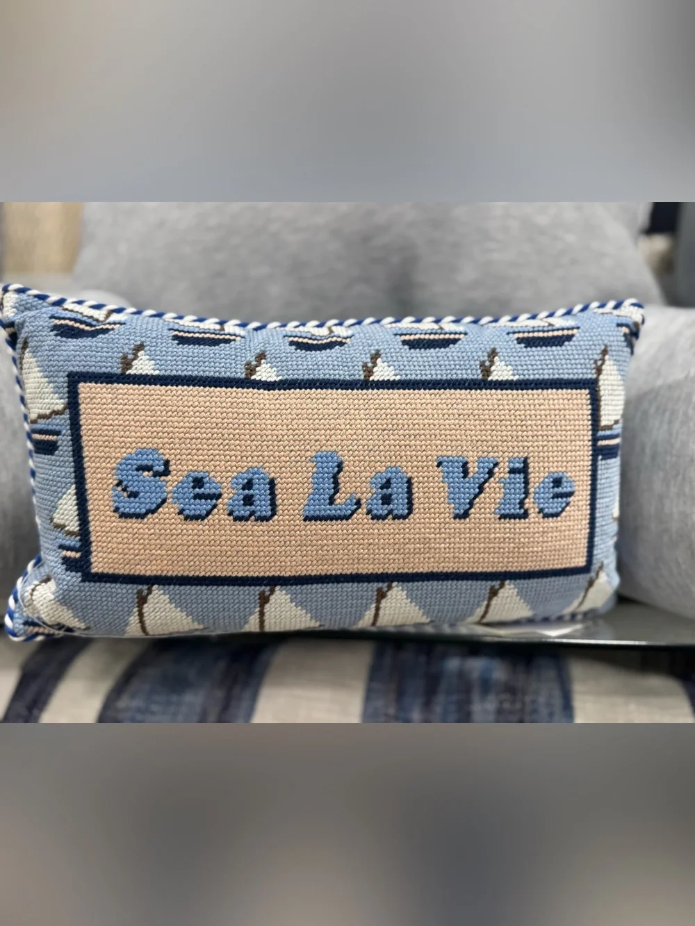 Sea La Vie Blue and Cream Nautical Needlepoint Pillow